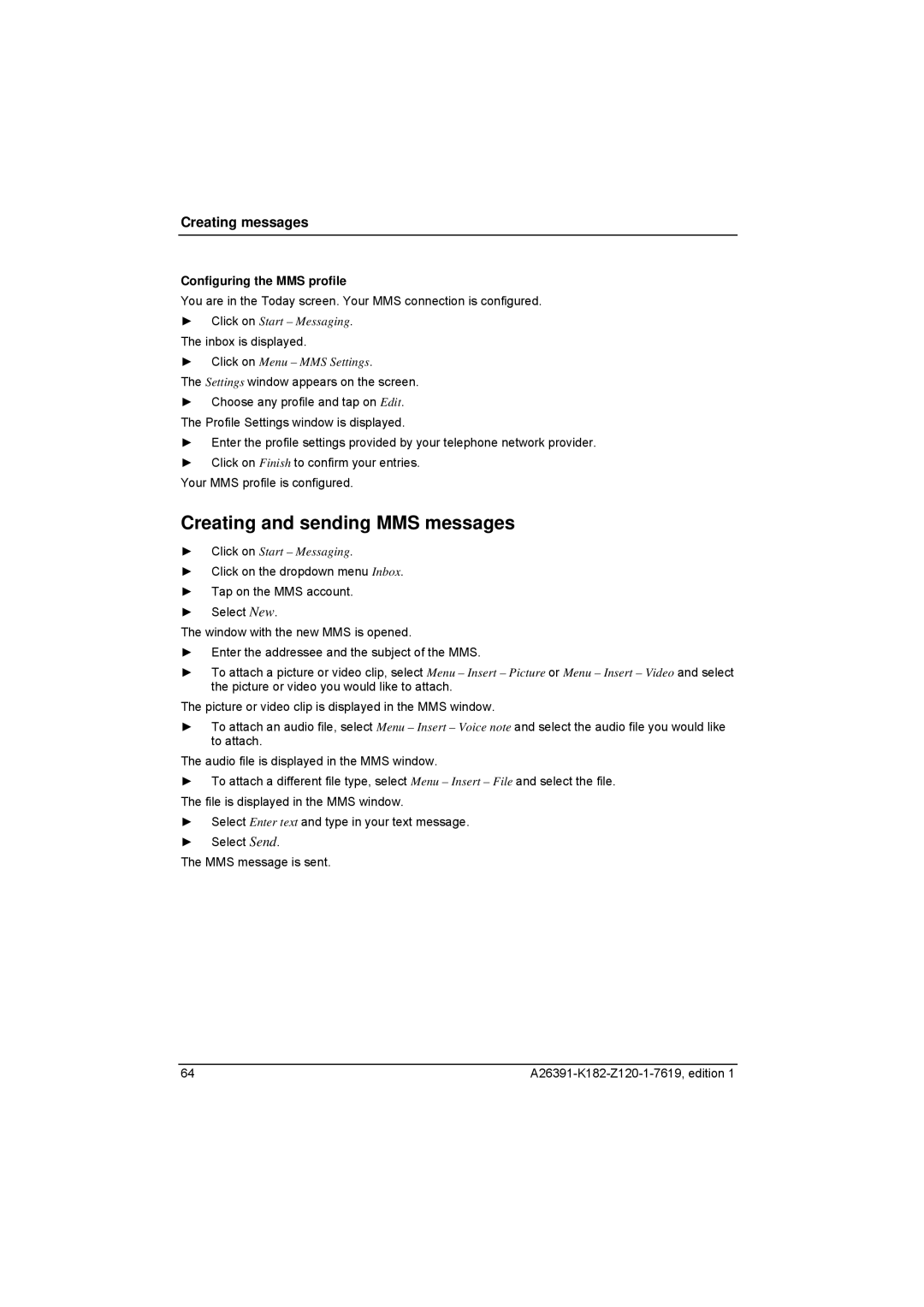 Fujitsu Siemens Computers Loox T manual Creating and sending MMS messages, Configuring the MMS profile 