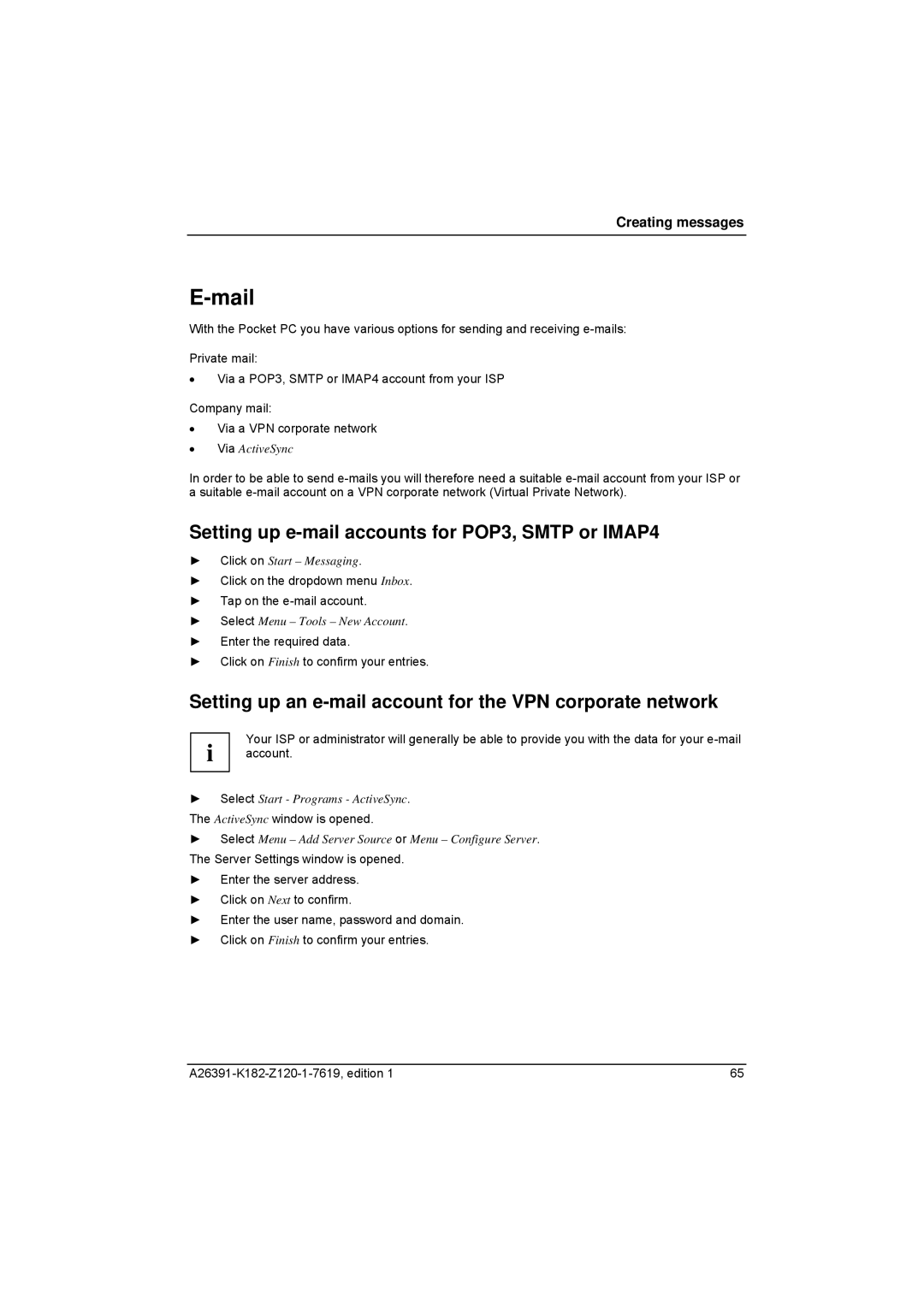 Fujitsu Siemens Computers Loox T manual Mail, Setting up e-mail accounts for POP3, Smtp or IMAP4 