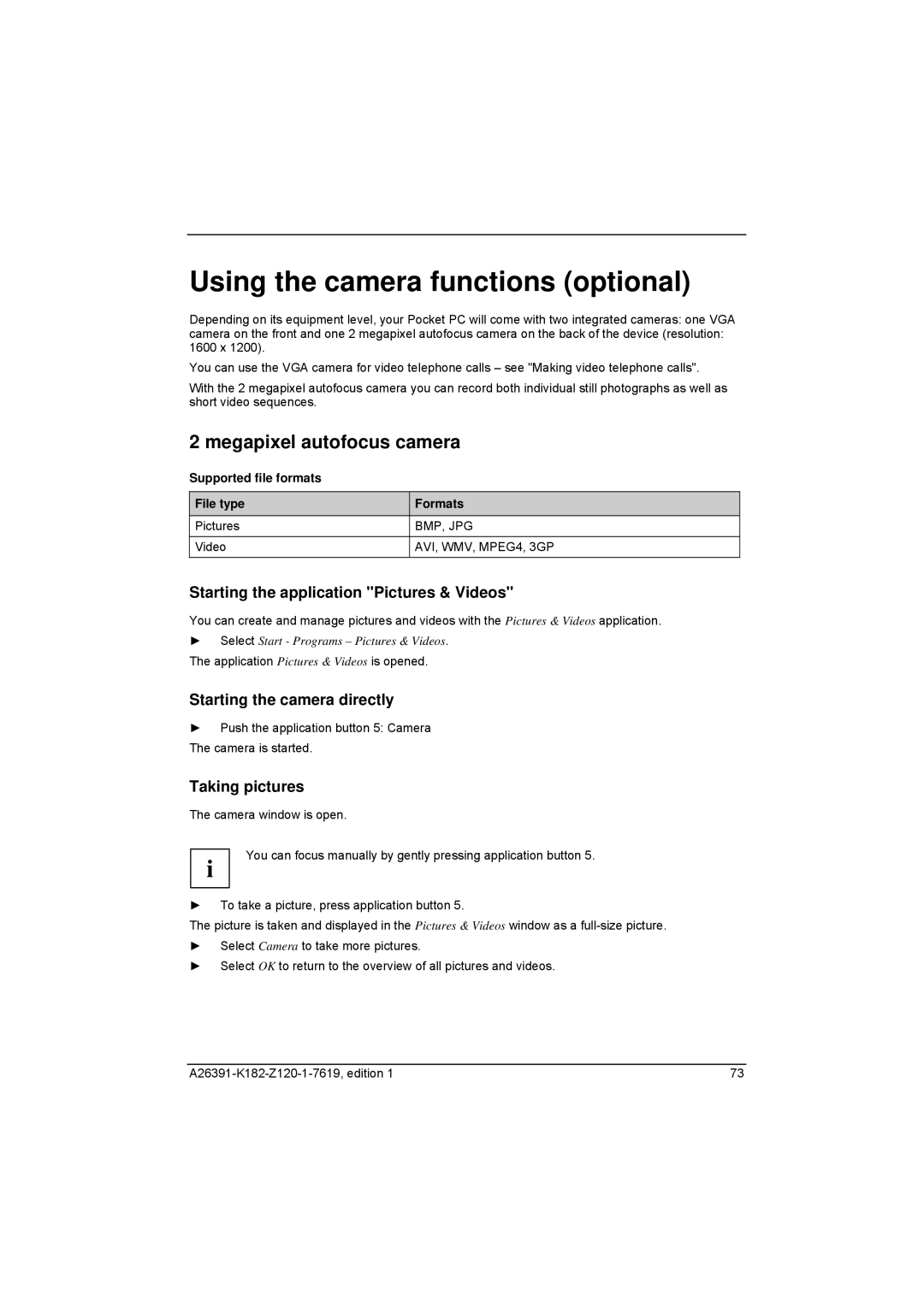 Fujitsu Siemens Computers Loox T manual Using the camera functions optional, Megapixel autofocus camera, Taking pictures 