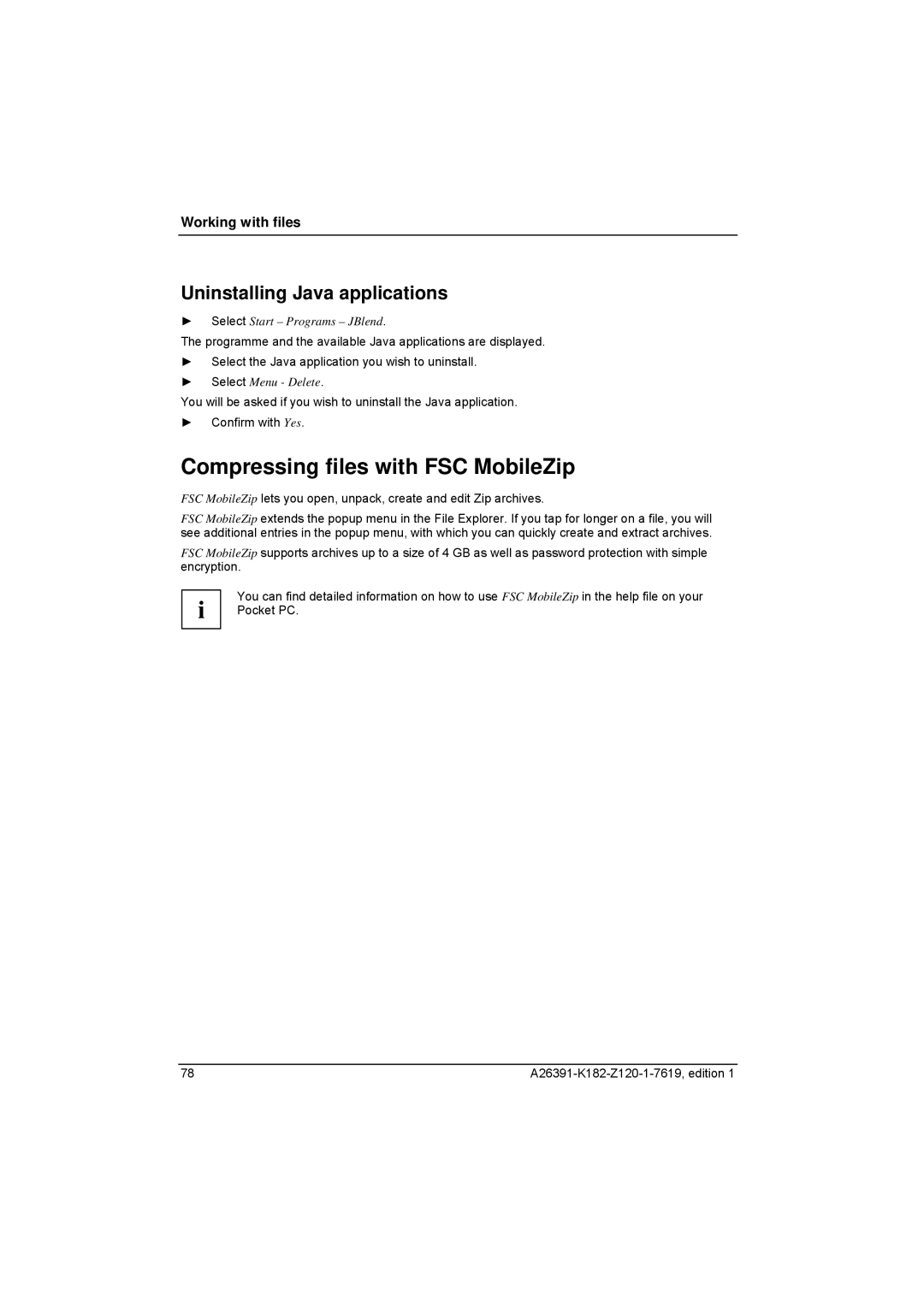 Fujitsu Siemens Computers Loox T manual Compressing files with FSC MobileZip, Uninstalling Java applications 