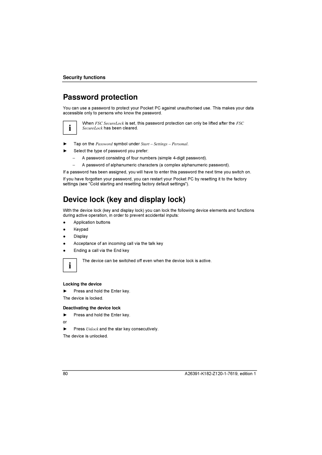 Fujitsu Siemens Computers Loox T manual Password protection, Device lock key and display lock, Locking the device 