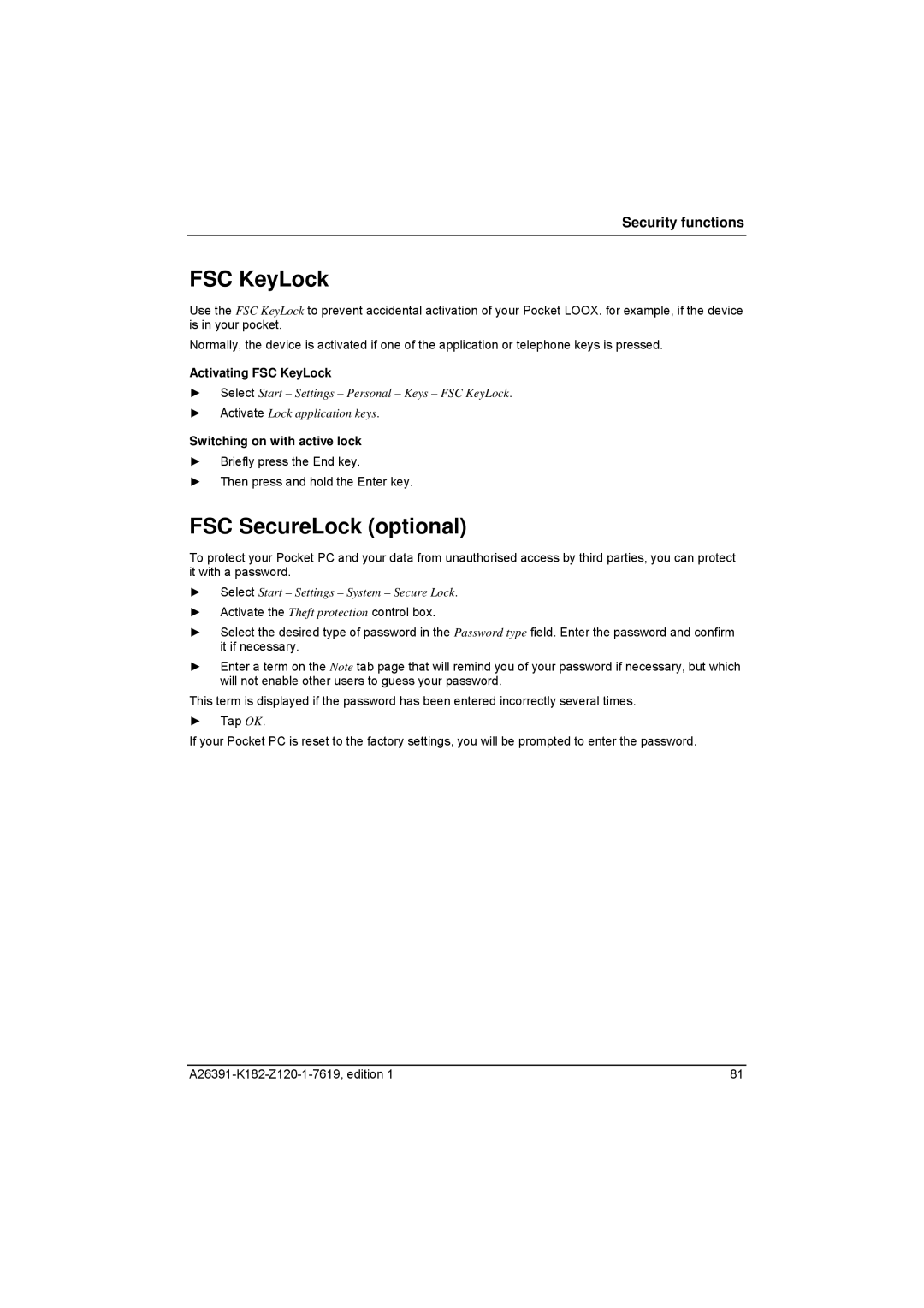 Fujitsu Siemens Computers Loox T manual FSC SecureLock optional, Activating FSC KeyLock, Switching on with active lock 