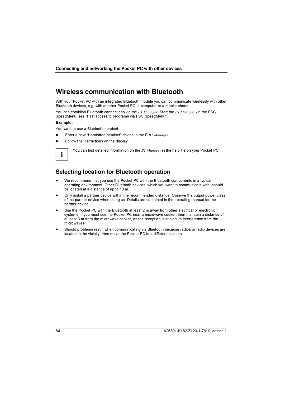 Fujitsu Siemens Computers Loox T manual Wireless communication with Bluetooth, Selecting location for Bluetooth operation 