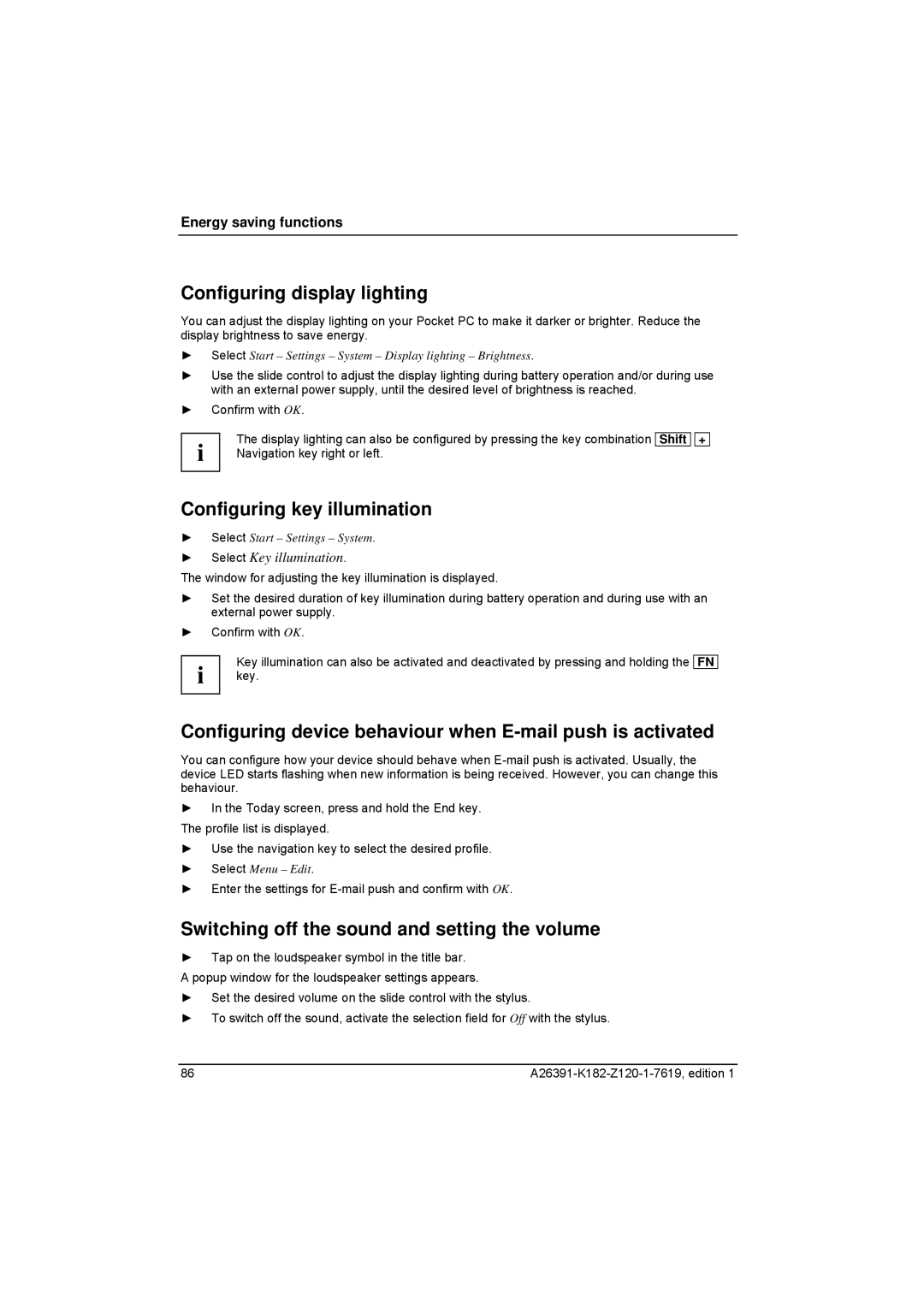 Fujitsu Siemens Computers Loox T manual Configuring display lighting, Configuring key illumination, Shift + 