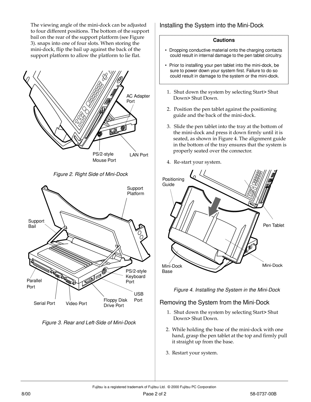 Fujitsu Siemens Computers LT Series manual Installing the System into the Mini-Dock, Removing the System from the Mini-Dock 