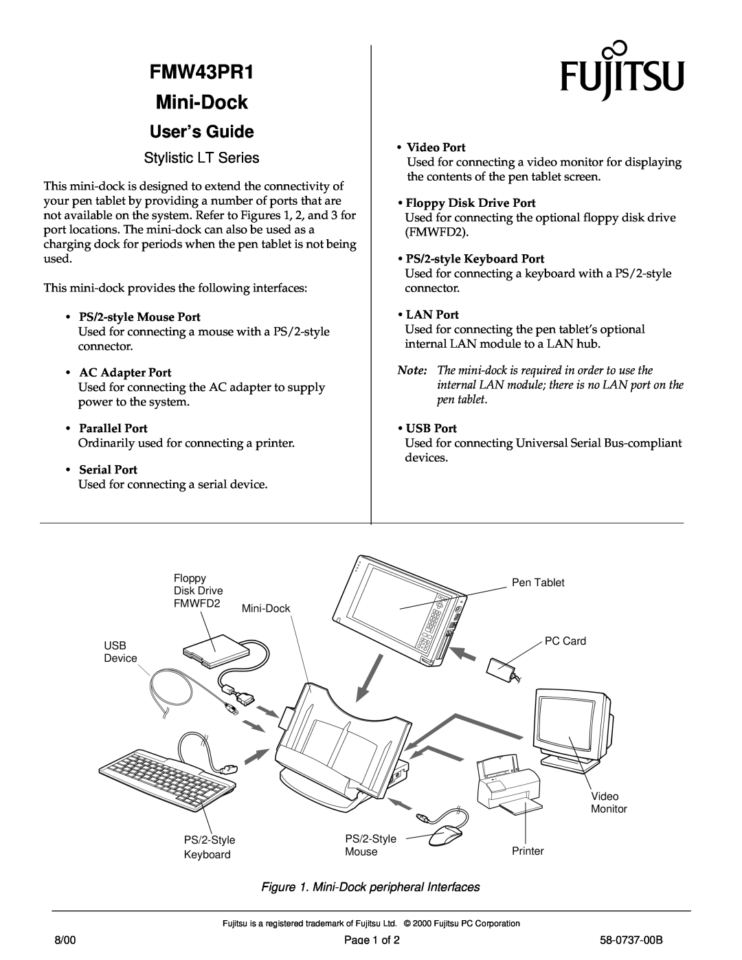Fujitsu Siemens Computers manual Stylistic LT Series, Mini-Dock peripheral Interfaces, FMW43PR1 Mini-Dock, User’s Guide 
