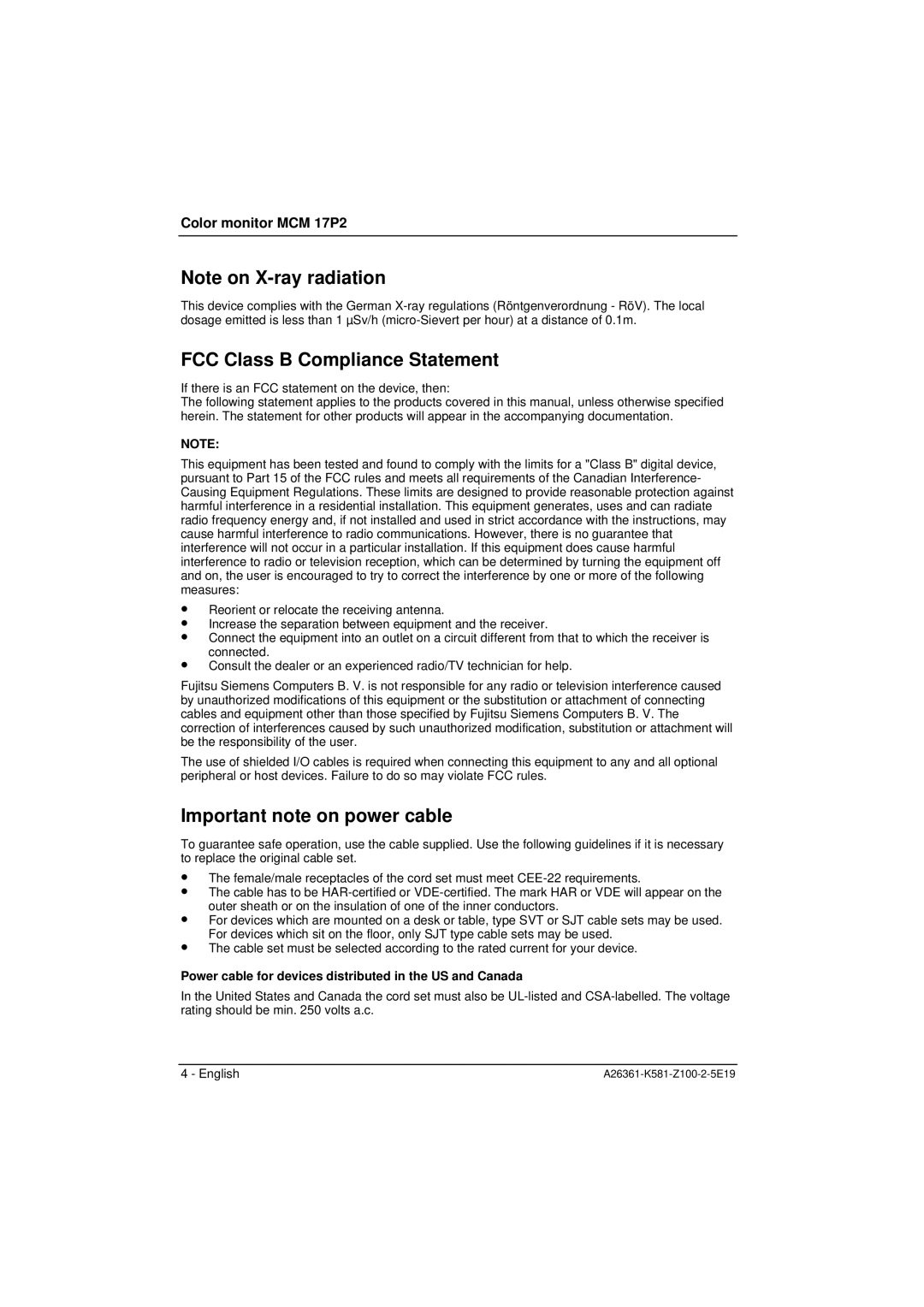 Fujitsu Siemens Computers MCM 17P2 manual FCC Class B Compliance Statement, Important note on power cable 