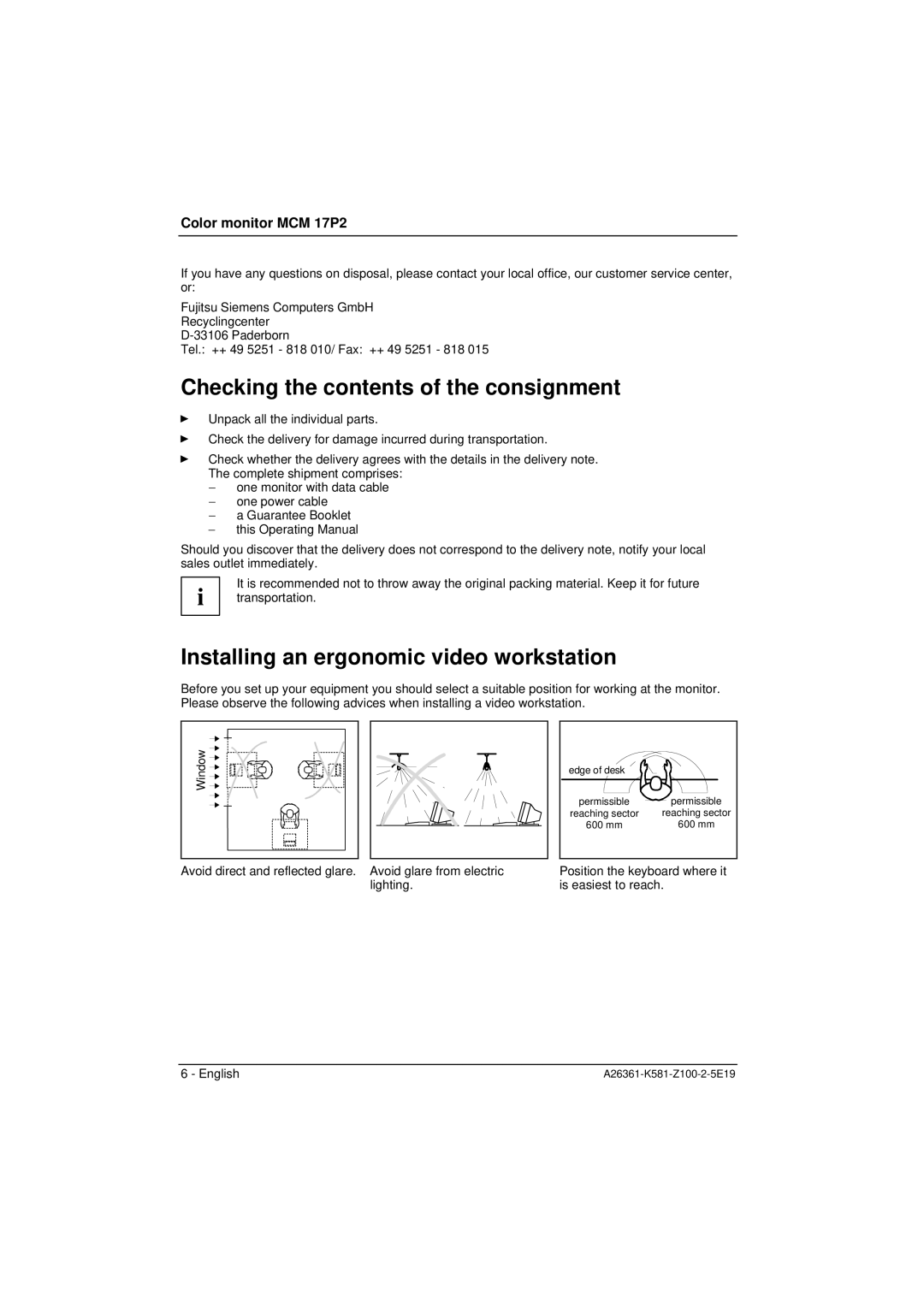 Fujitsu Siemens Computers MCM 17P2 Checking the contents of the consignment, Installing an ergonomic video workstation 