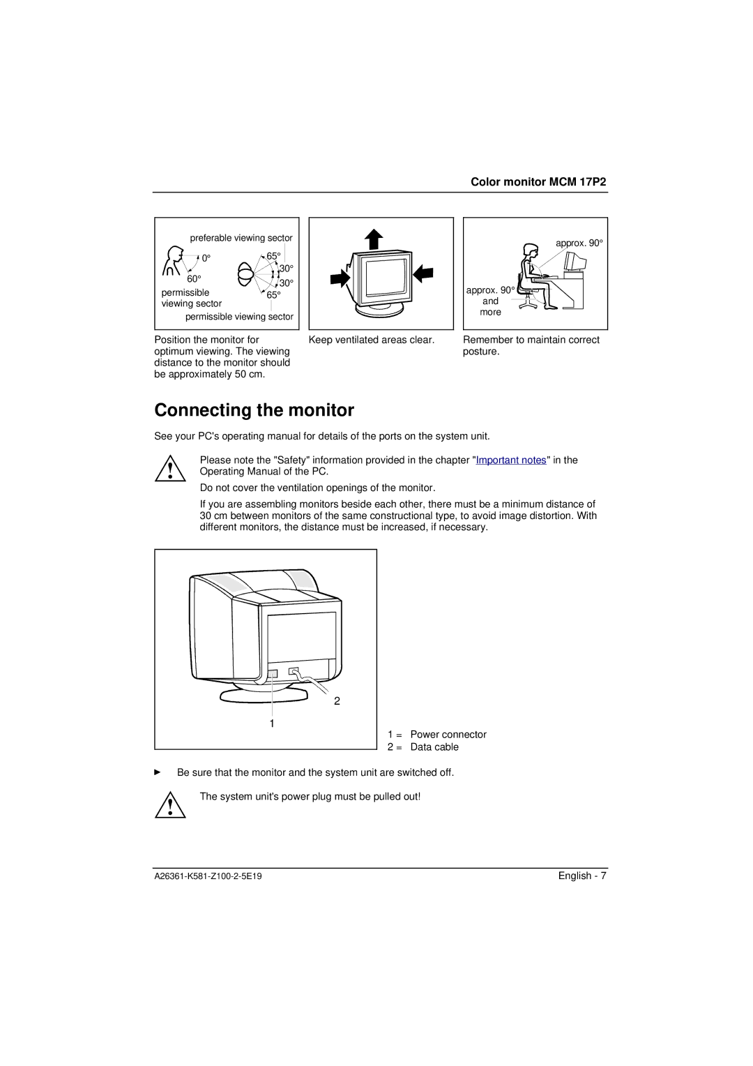 Fujitsu Siemens Computers MCM 17P2 manual Connecting the monitor 