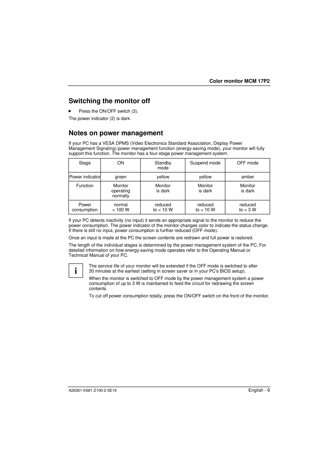 Fujitsu Siemens Computers MCM 17P2 manual Switching the monitor off 