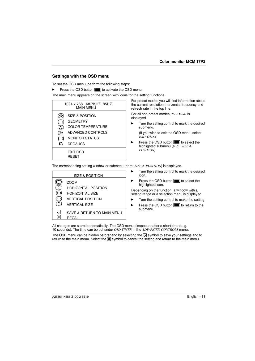 Fujitsu Siemens Computers MCM 17P2 manual Settings with the OSD menu 