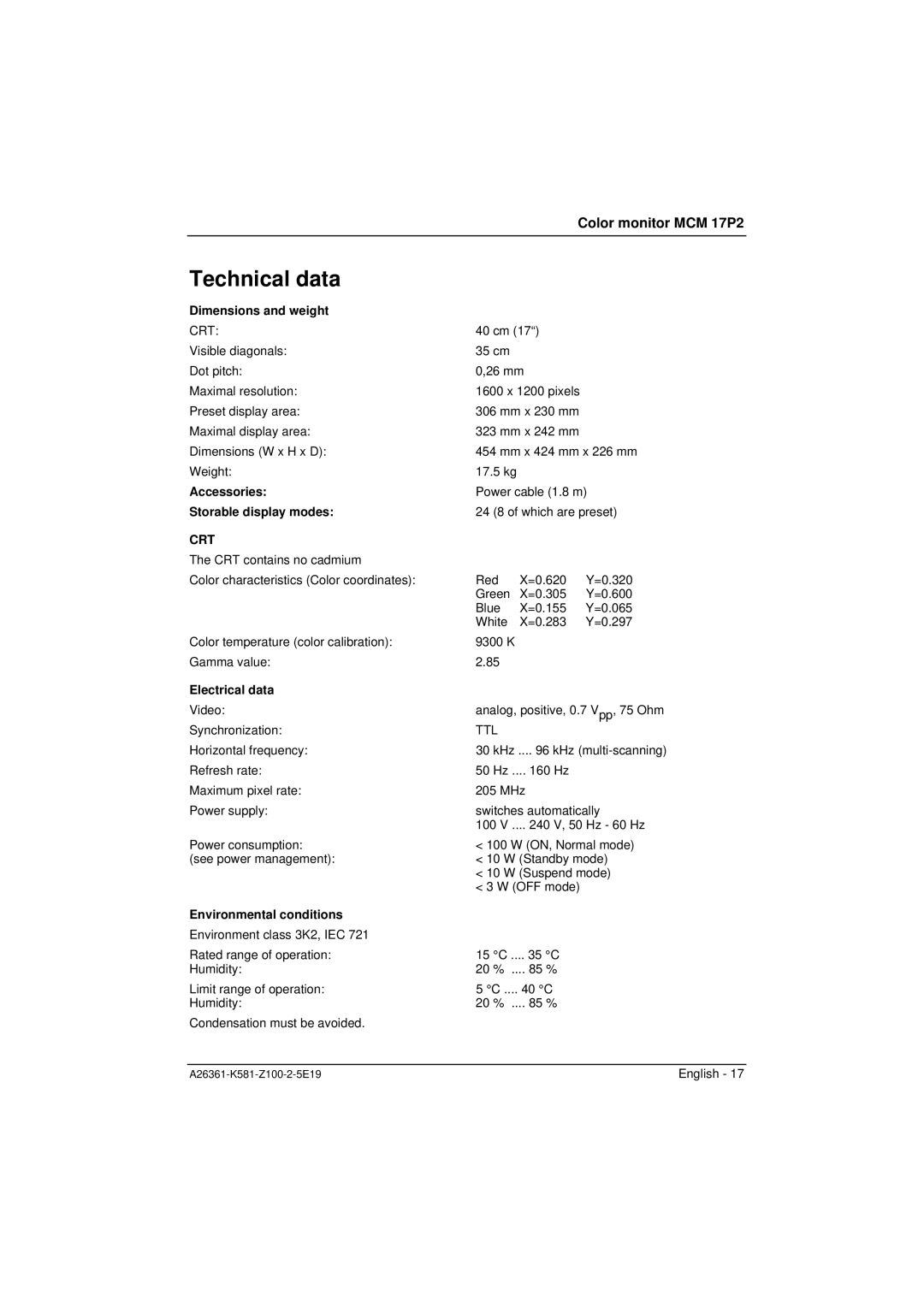 Fujitsu Siemens Computers MCM 17P2 manual Technical data, Dimensions and weight, Accessories Storable display modes 