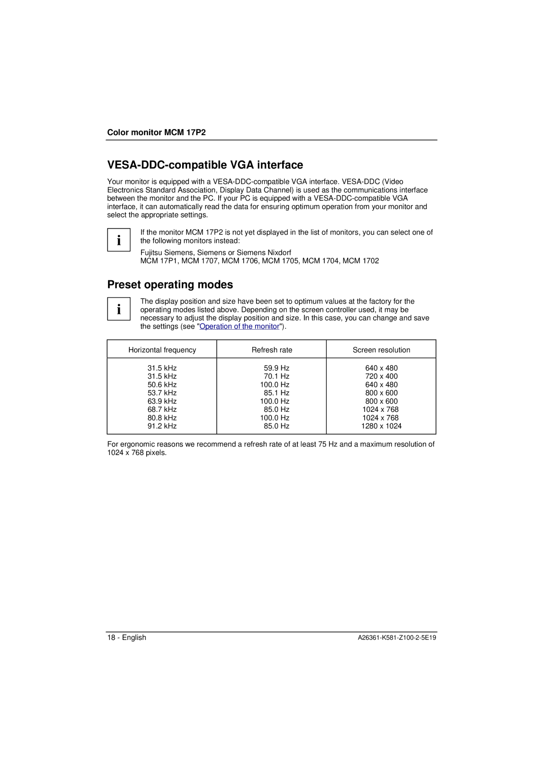 Fujitsu Siemens Computers MCM 17P2 manual VESA-DDC-compatible VGA interface, Preset operating modes 