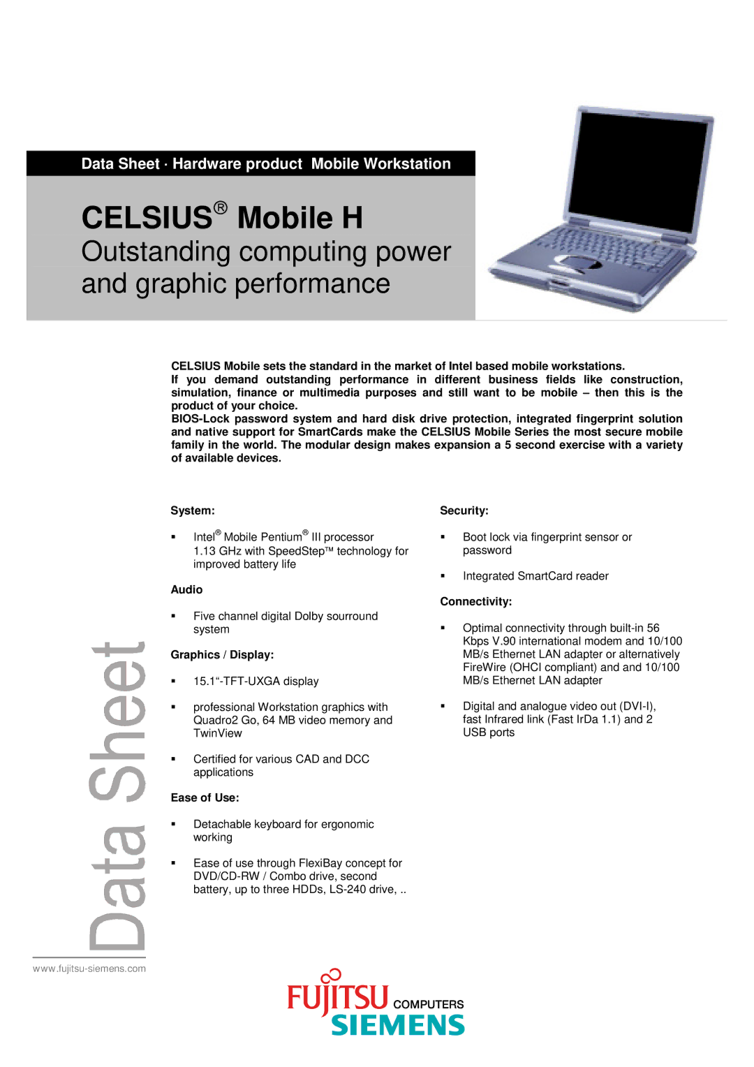 Fujitsu Siemens Computers Mobile Workstation manual Audio, Graphics / Display, Ease of Use, Security, Connectivity 