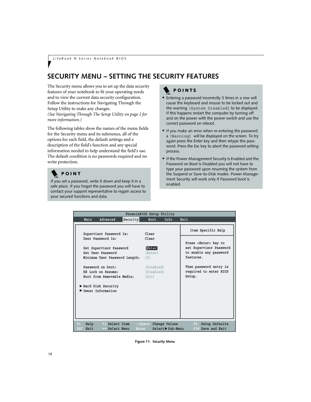 Fujitsu Siemens Computers N3010 manual Security Menu - Setting The Security Features, P O I N T S, Enter 