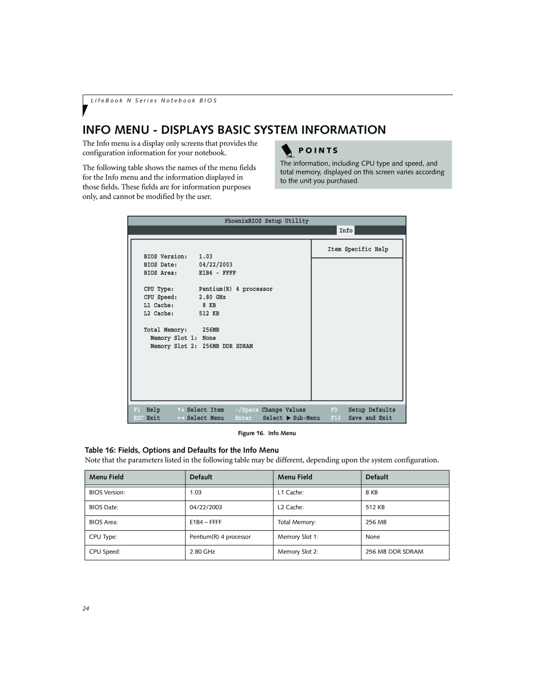 Fujitsu Siemens Computers N3010 manual Info Menu - Displays Basic System Information, P O I N T S 