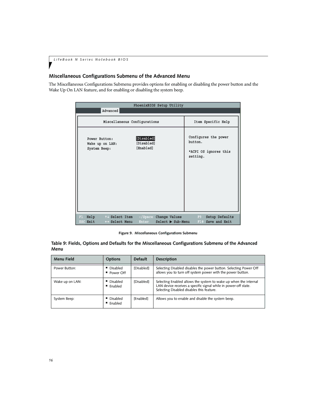 Fujitsu Siemens Computers N3010 manual Miscellaneous Configurations Submenu of the Advanced Menu 