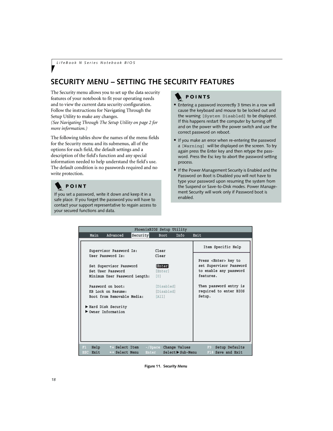 Fujitsu Siemens Computers N3010 manual Security Menu Setting the Security Features, Boot Info Exit 