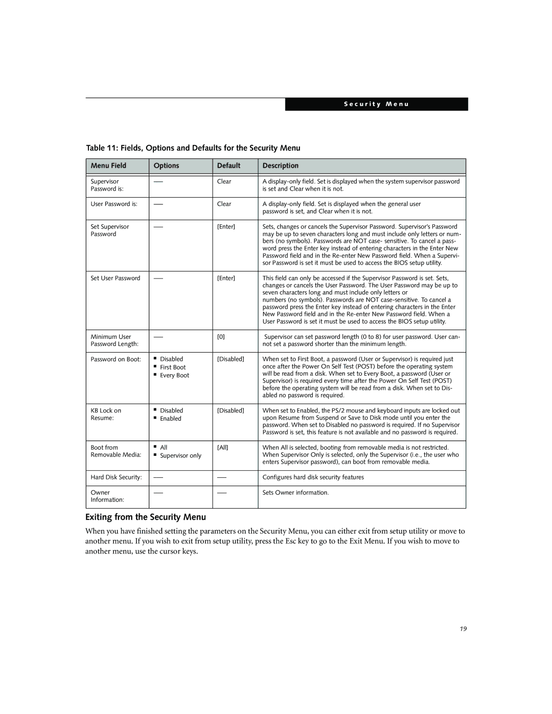 Fujitsu Siemens Computers N3010 manual Exiting from the Security Menu, Fields, Options and Defaults for the Security Menu 