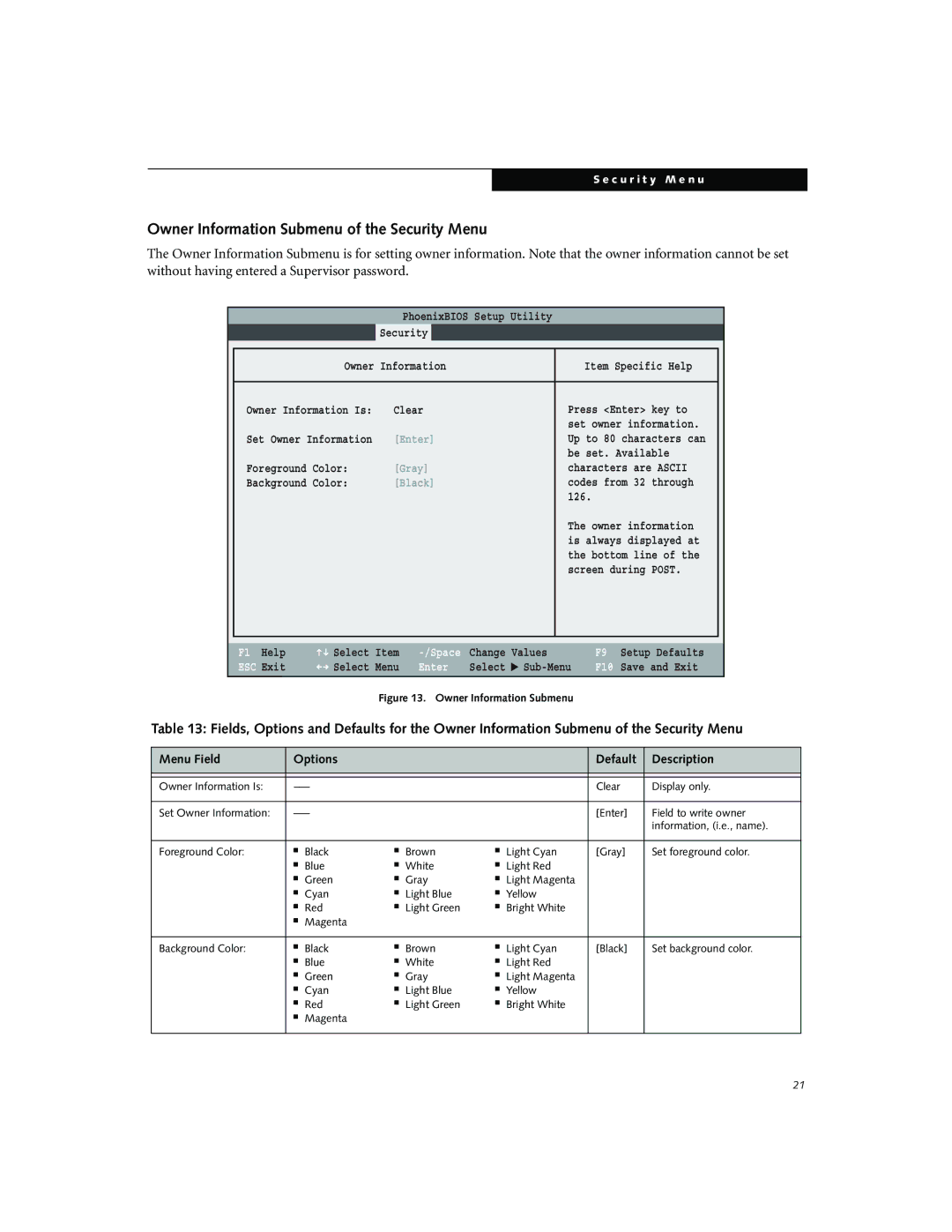 Fujitsu Siemens Computers N3010 manual Owner Information Submenu of the Security Menu, Black 