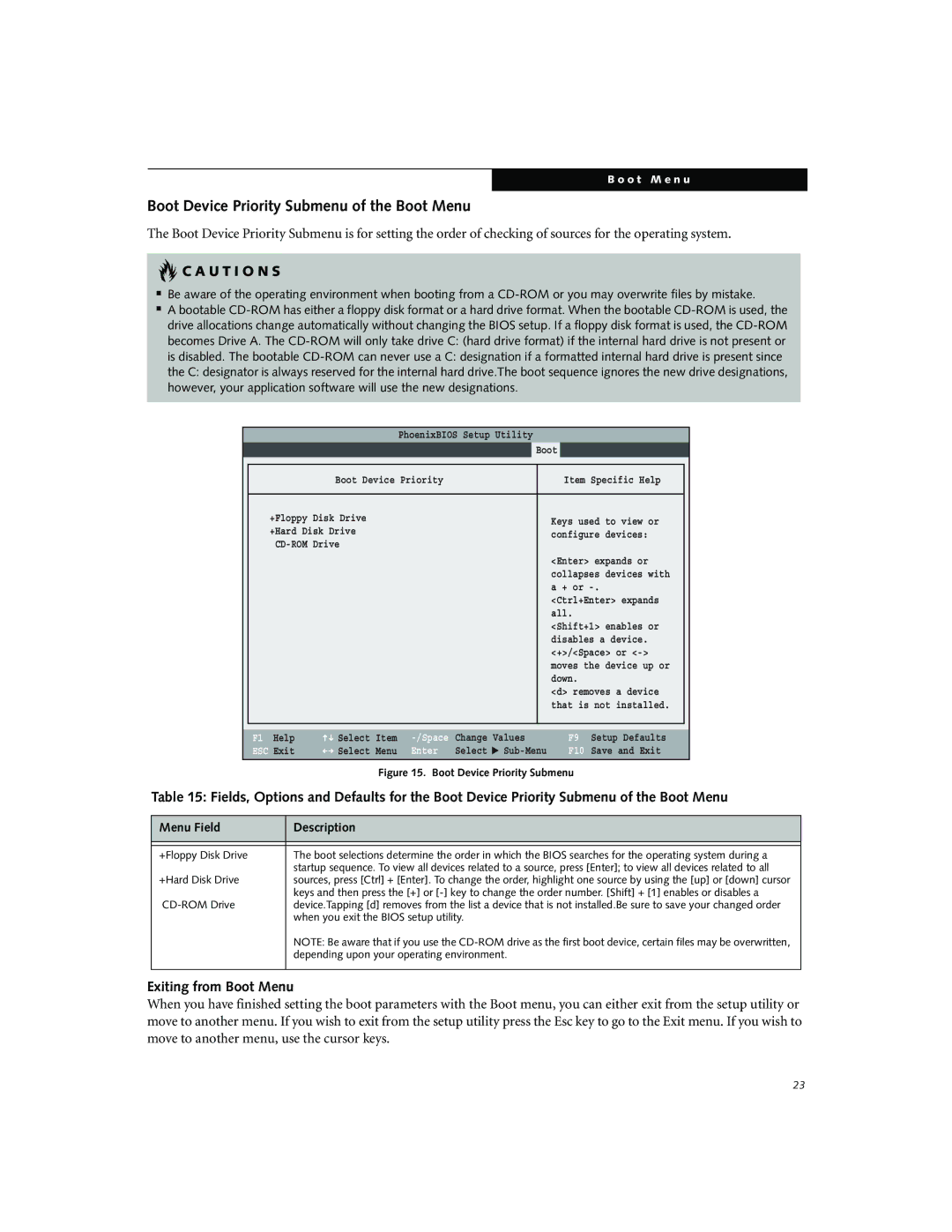 Fujitsu Siemens Computers N3010 manual Boot Device Priority Submenu of the Boot Menu, U T I O N S, Exiting from Boot Menu 