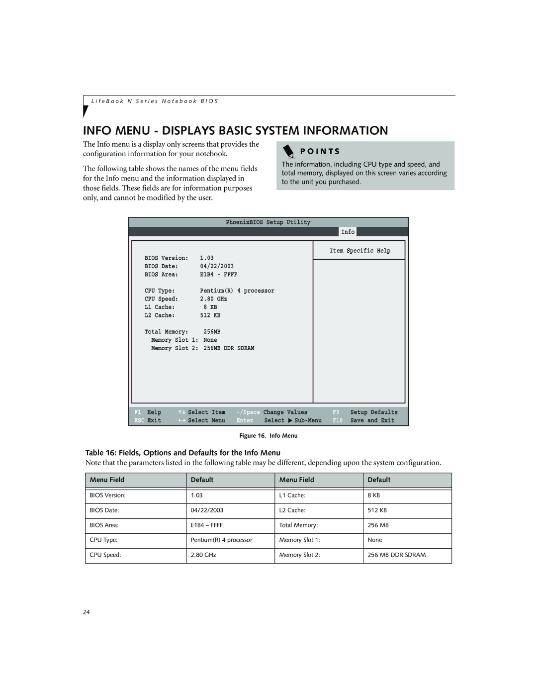 Fujitsu Siemens Computers N3010 manual Info Menu Displays Basic System Information 