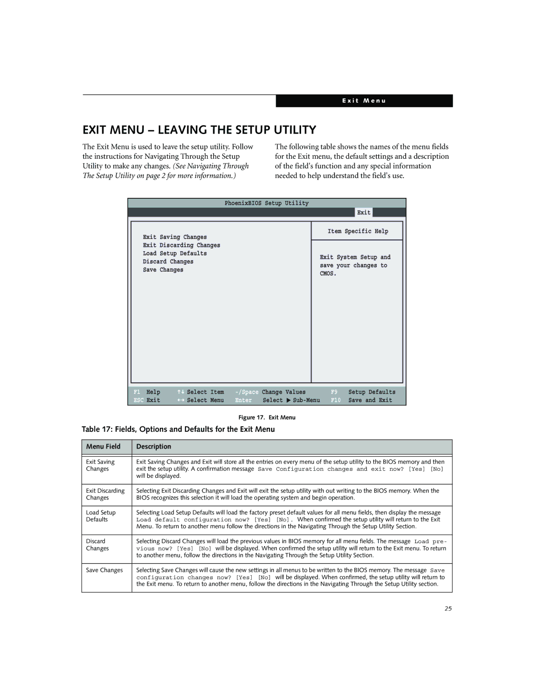 Fujitsu Siemens Computers N3010 manual Exit Menu Leaving the Setup Utility, Fields, Options and Defaults for the Exit Menu 