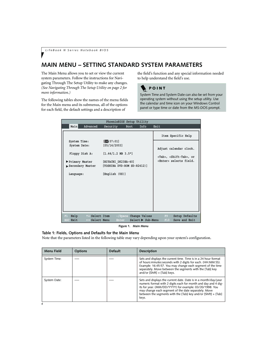 Fujitsu Siemens Computers N3010 manual Main Menu Setting Standard System Parameters 