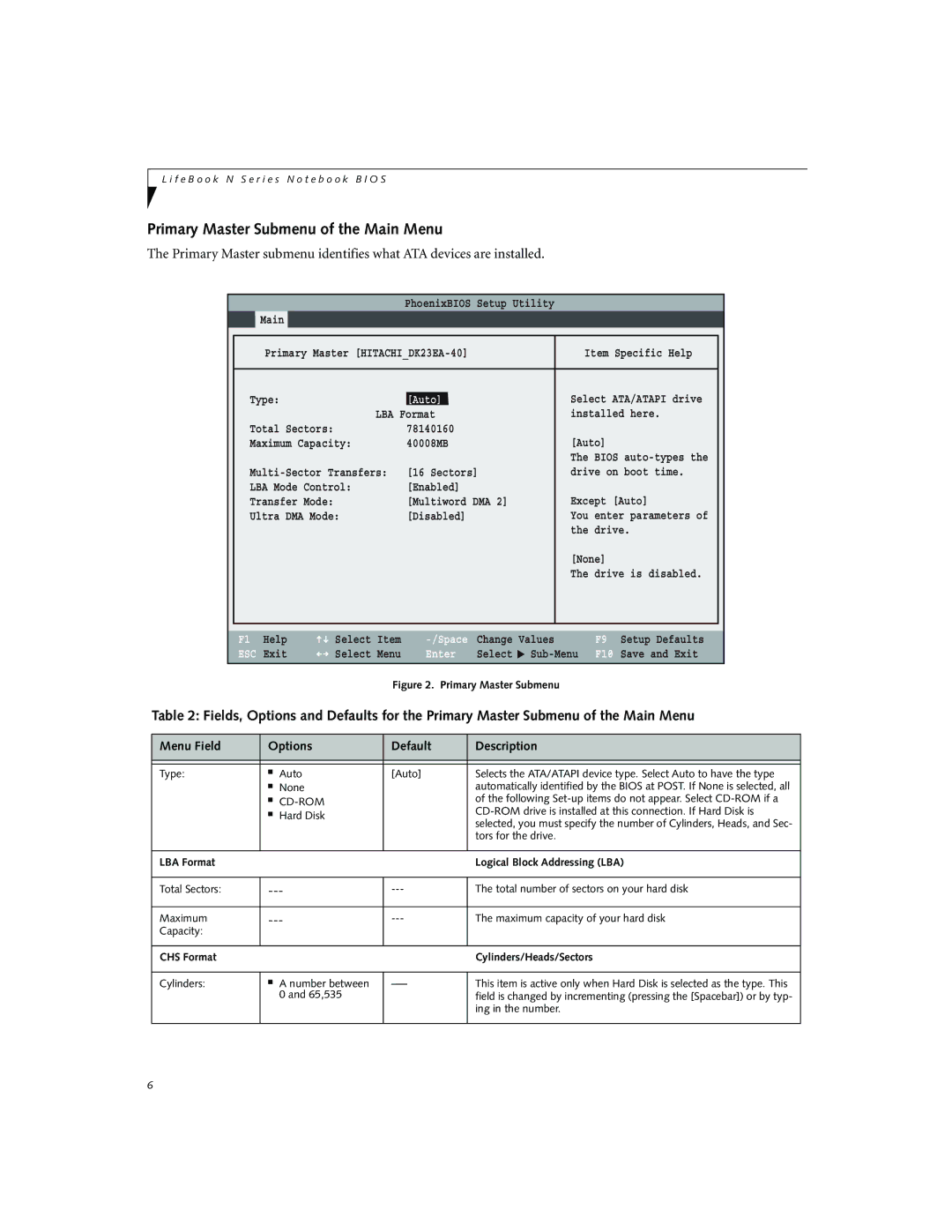 Fujitsu Siemens Computers N3010 manual Primary Master Submenu of the Main Menu, Auto 