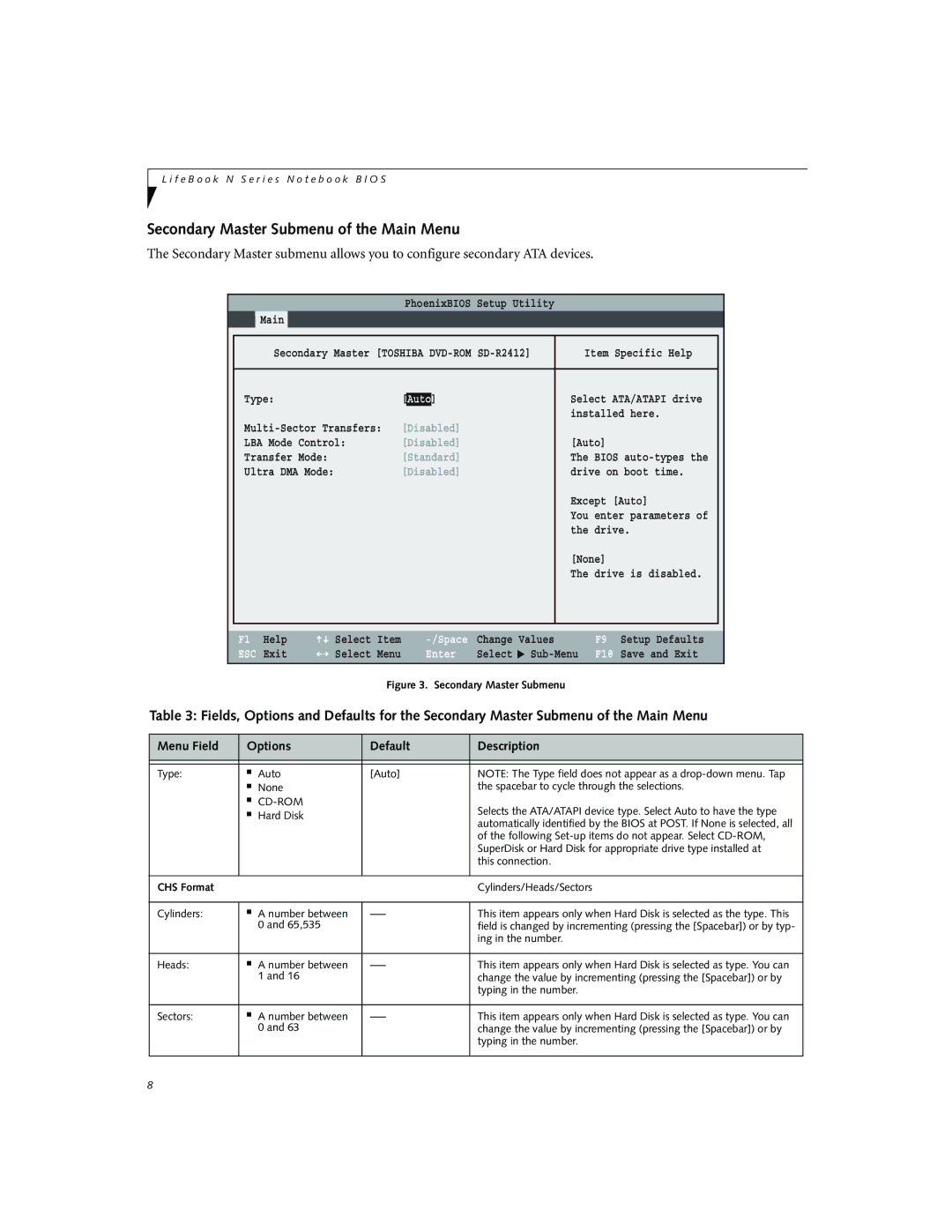 Fujitsu Siemens Computers N3010 manual Secondary Master Submenu of the Main Menu, Standard 