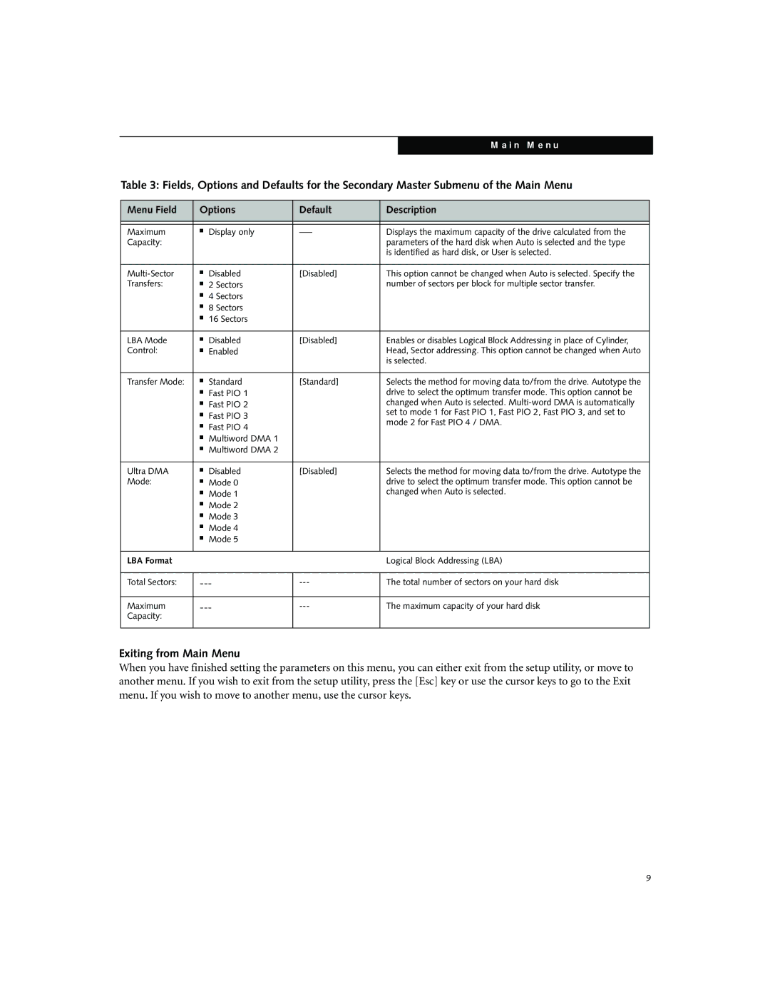 Fujitsu Siemens Computers N3010 manual Exiting from Main Menu, LBA Format 