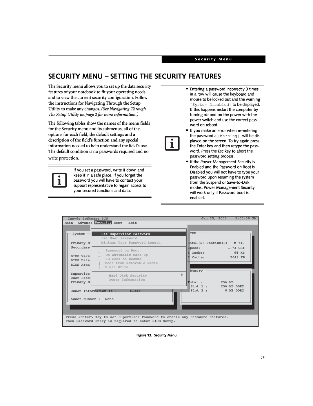 Fujitsu Siemens Computers N3510 manual Security Menu - Setting The Security Features, write protection 