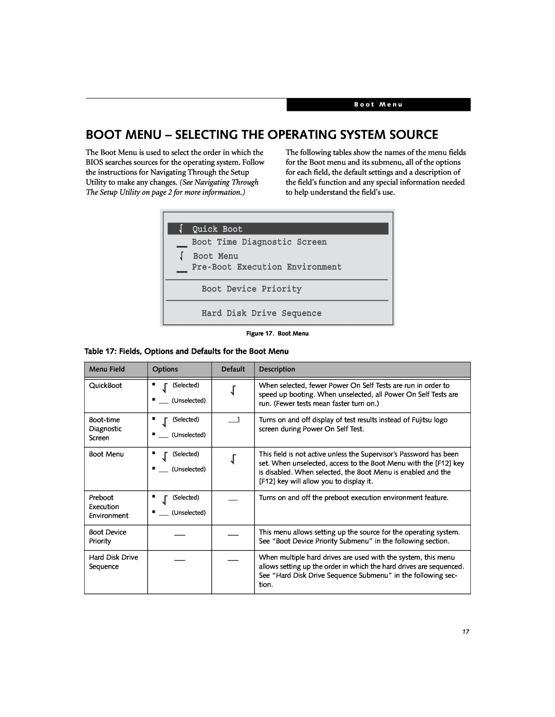 Fujitsu Siemens Computers N3510 manual Boot Menu - Selecting The Operating System Source, Quick Boot 