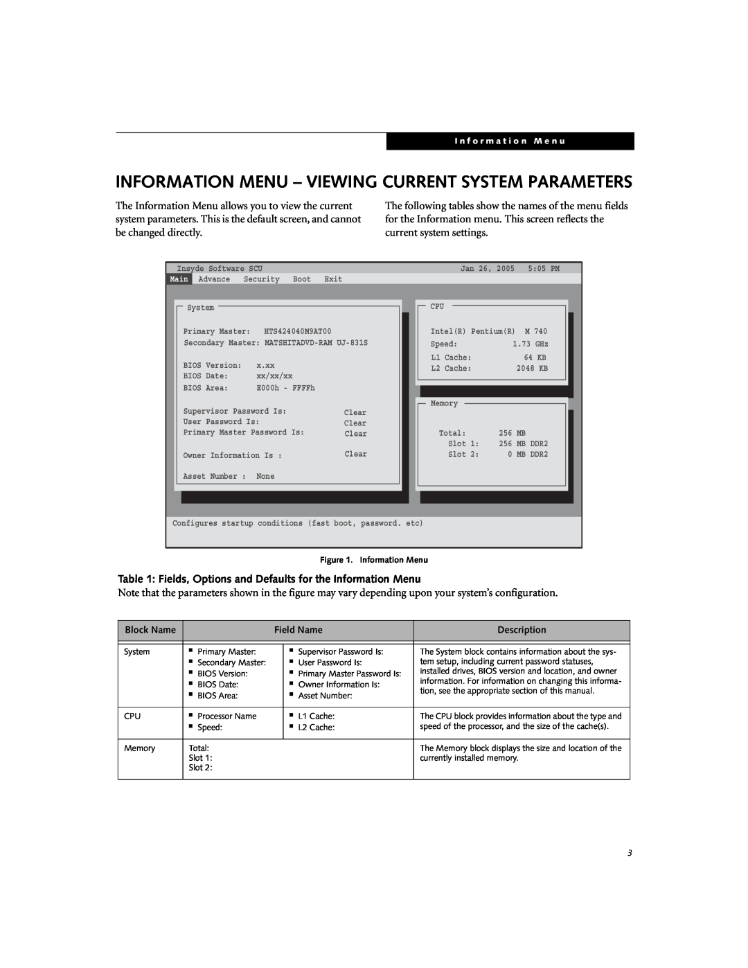 Fujitsu Siemens Computers N3510 manual Information Menu - Viewing Current System Parameters 