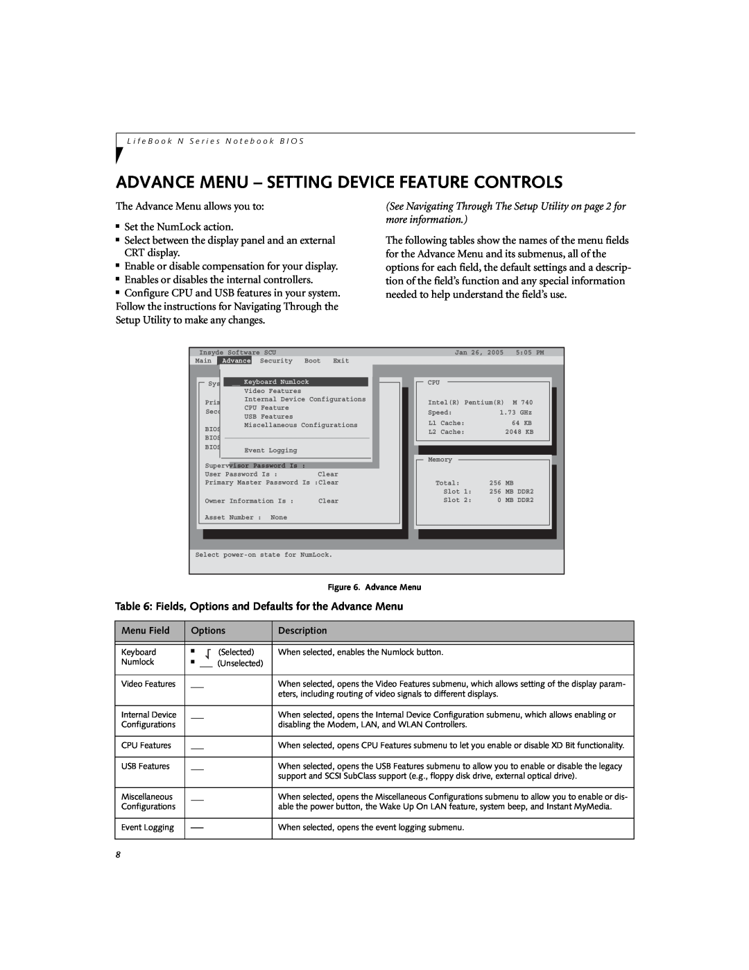 Fujitsu Siemens Computers N3510 manual Advance Menu - Setting Device Feature Controls, Menu Field, Options, Description 