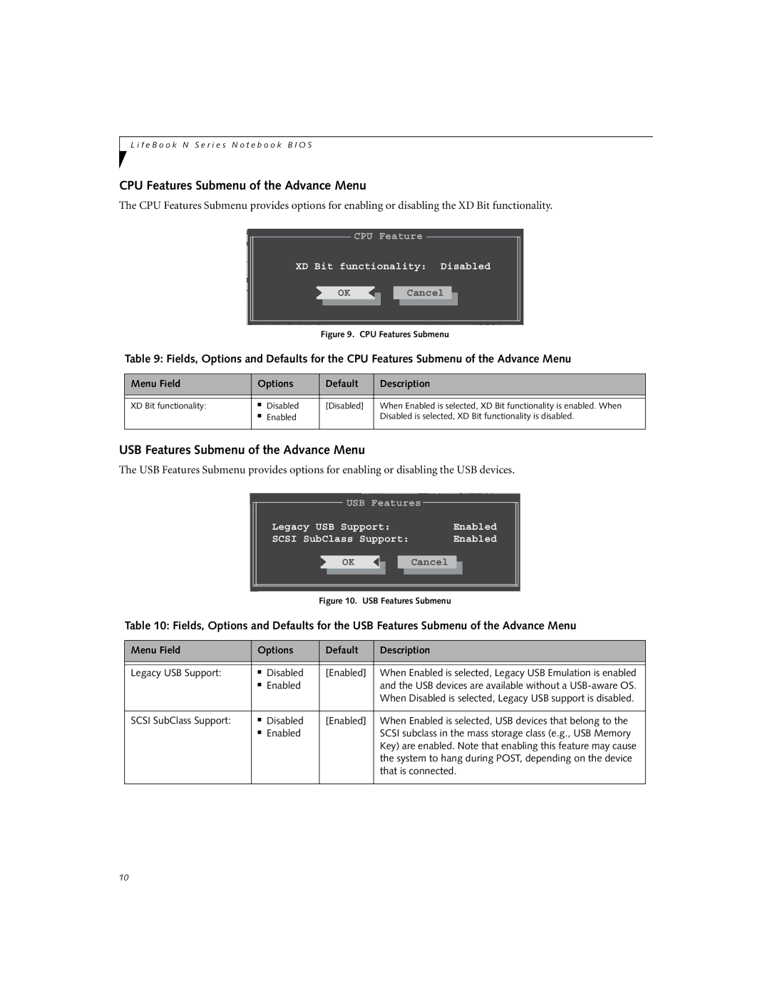 Fujitsu Siemens Computers N3510 manual CPU Features Submenu of the Advance Menu, USB Features Submenu of the Advance Menu 