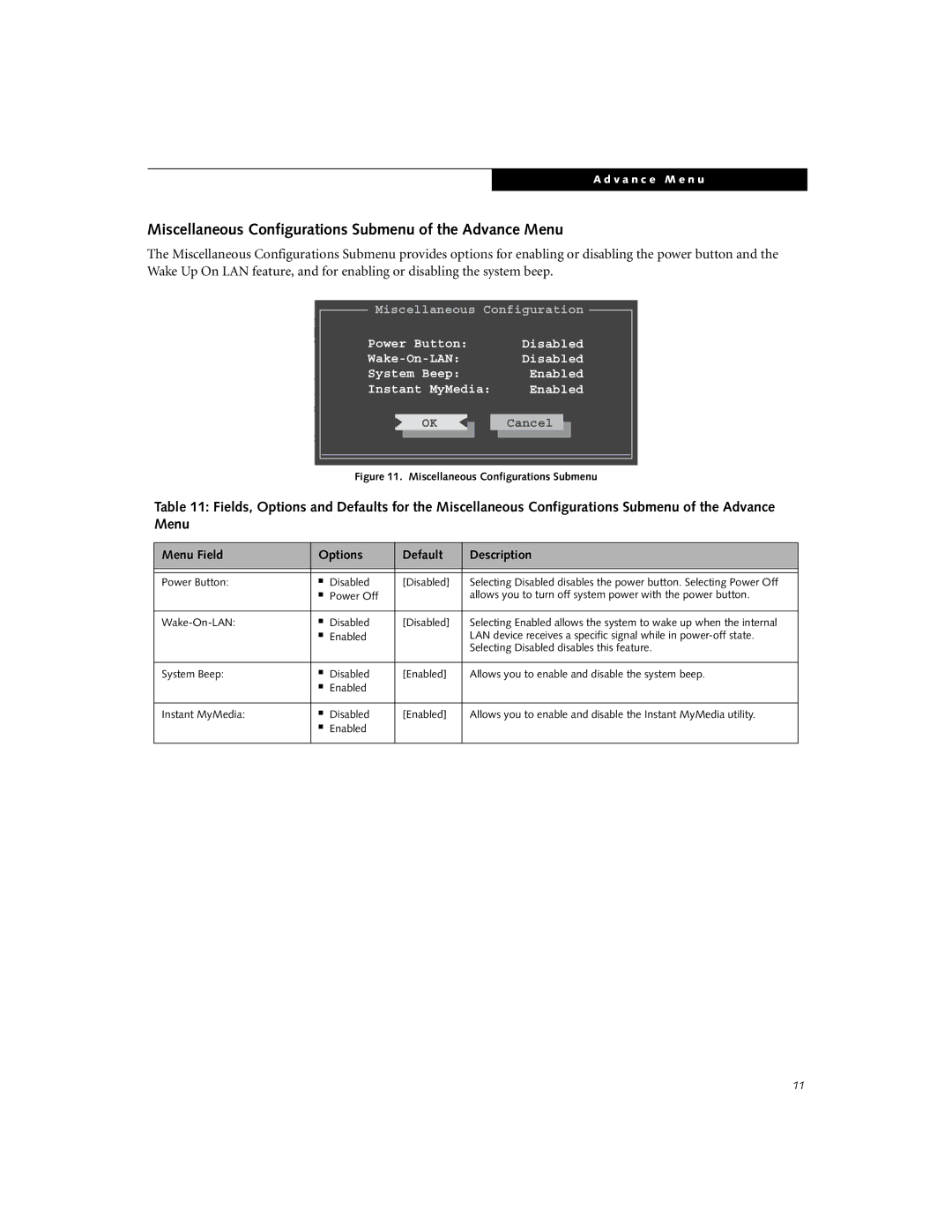 Fujitsu Siemens Computers N3510 manual Miscellaneous Configurations Submenu of the Advance Menu 