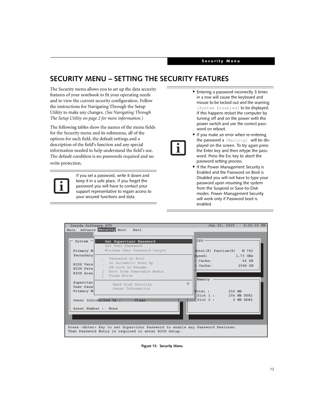 Fujitsu Siemens Computers N3510 manual Security Menu Setting the Security Features, Set Supervisor Password 