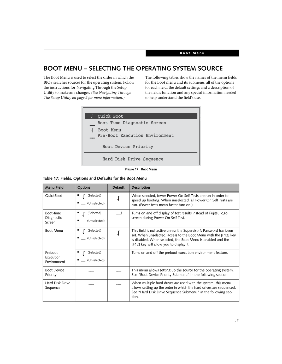 Fujitsu Siemens Computers N3510 manual Boot Menu Selecting the Operating System Source, Boot Time Diagnostic Screen 