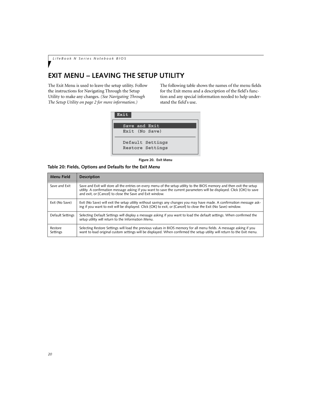 Fujitsu Siemens Computers N3510 manual Exit Menu Leaving the Setup Utility, Exit No Save, T00 Default 