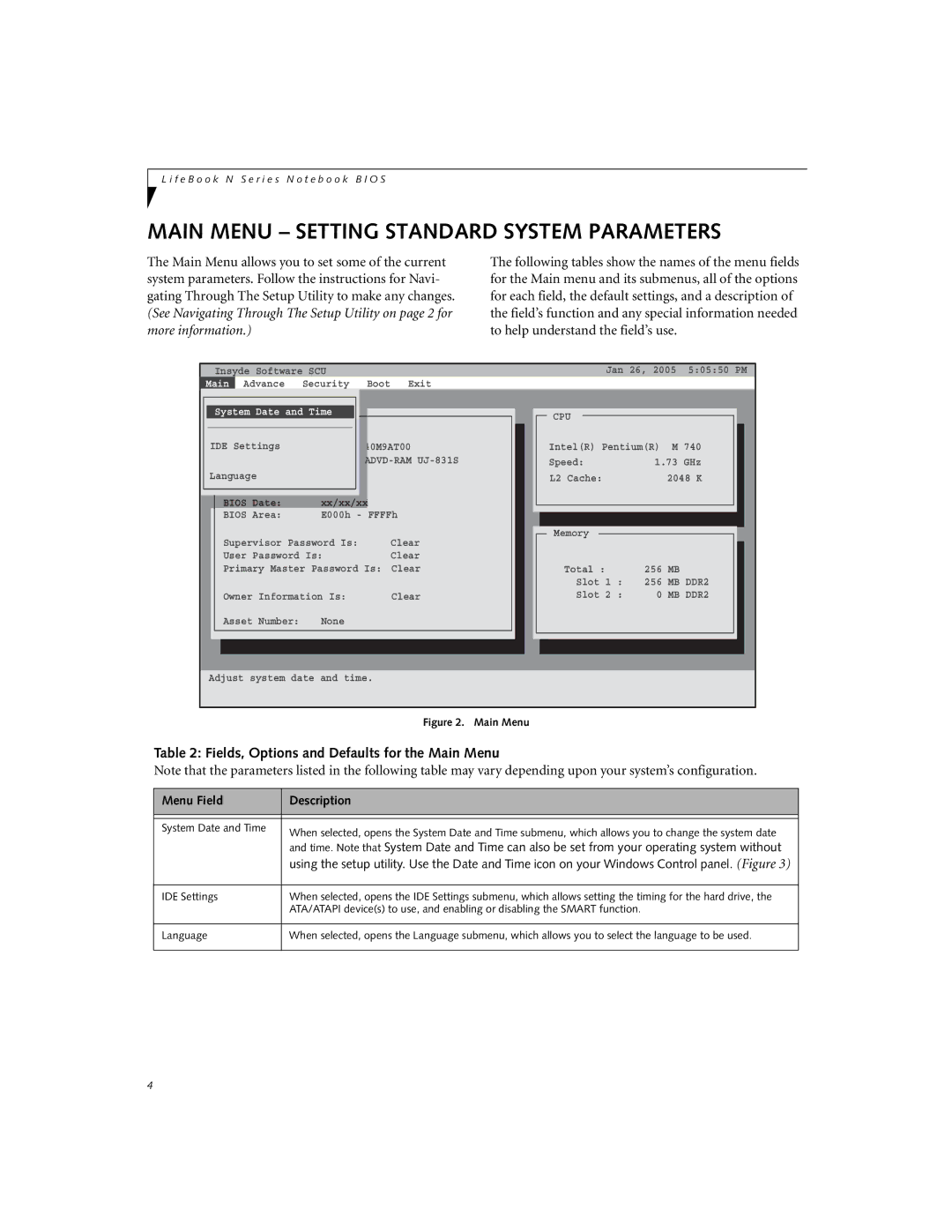 Fujitsu Siemens Computers N3510 Main Menu Setting Standard System Parameters, Menu Field Description, System Date and Time 