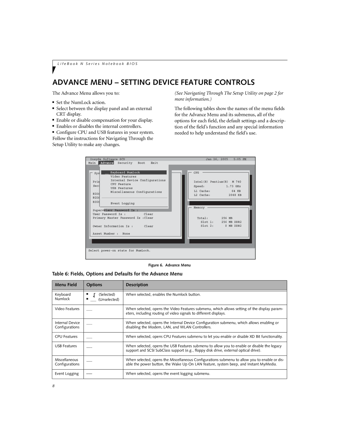 Fujitsu Siemens Computers N3510 manual Advance Menu Setting Device Feature Controls, USB Features, Miscellaneous 