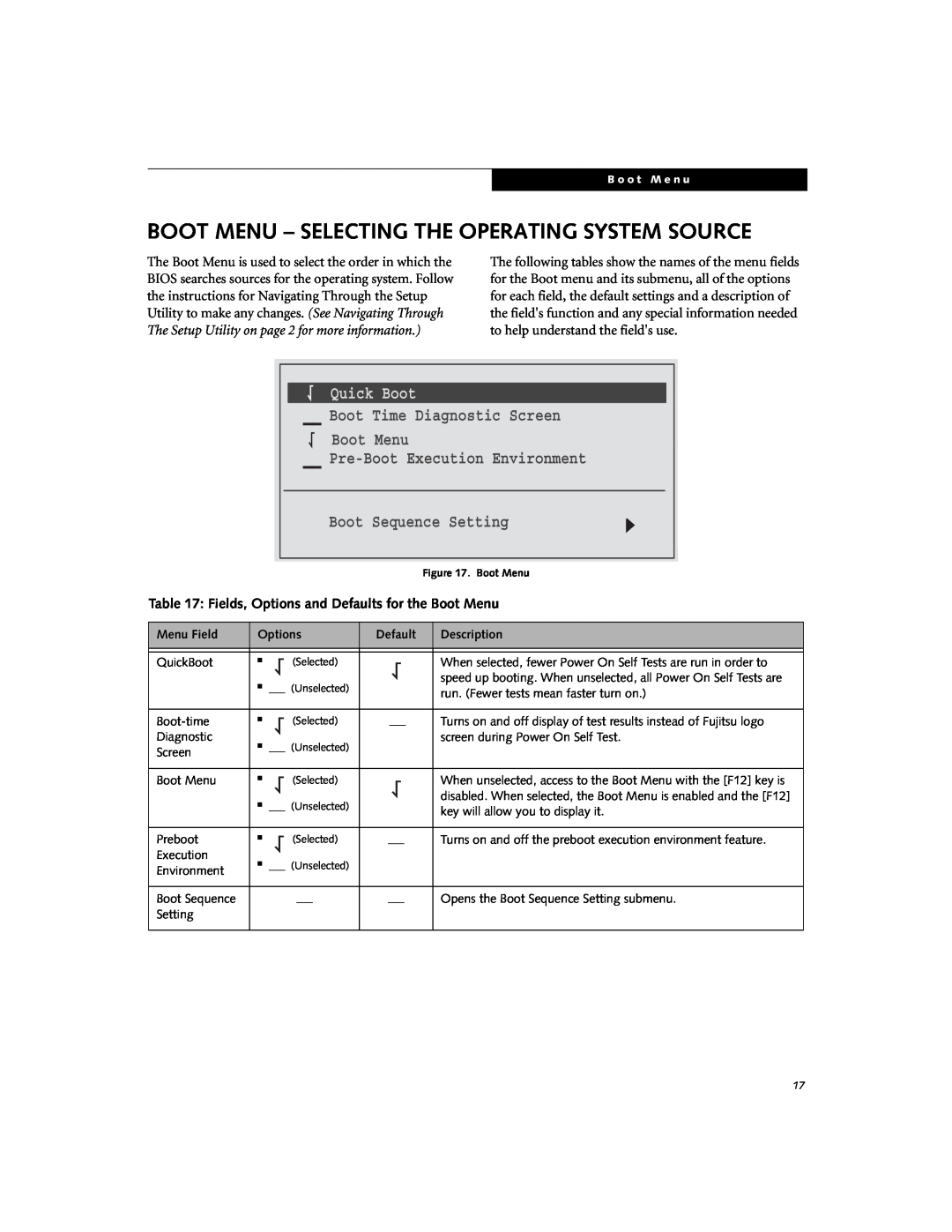Fujitsu Siemens Computers N3520 Boot Menu - Selecting The Operating System Source, Screen, Environment, Speed, L1 Cache 