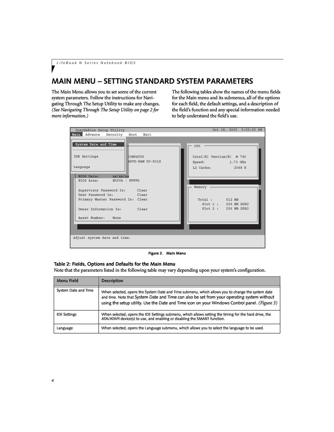 Fujitsu Siemens Computers N3520 manual Main Menu - Setting Standard System Parameters 