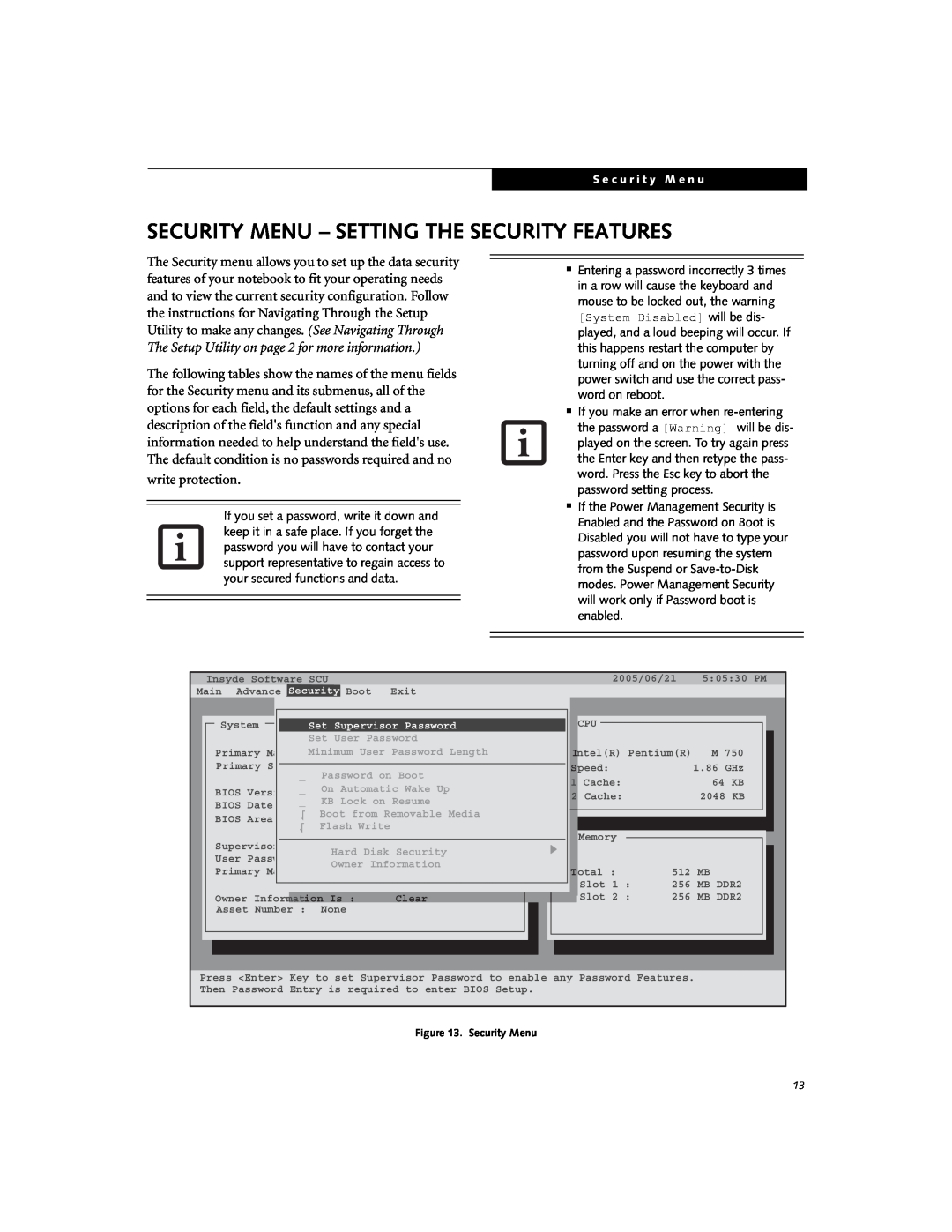 Fujitsu Siemens Computers N6210 manual Security Menu - Setting The Security Features, write protection 