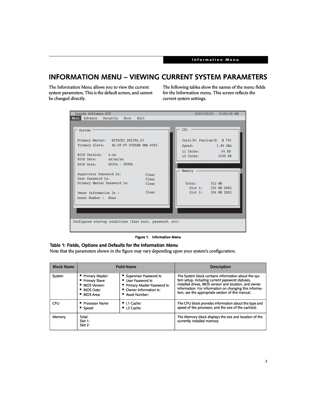 Fujitsu Siemens Computers N6210 manual Information Menu - Viewing Current System Parameters 
