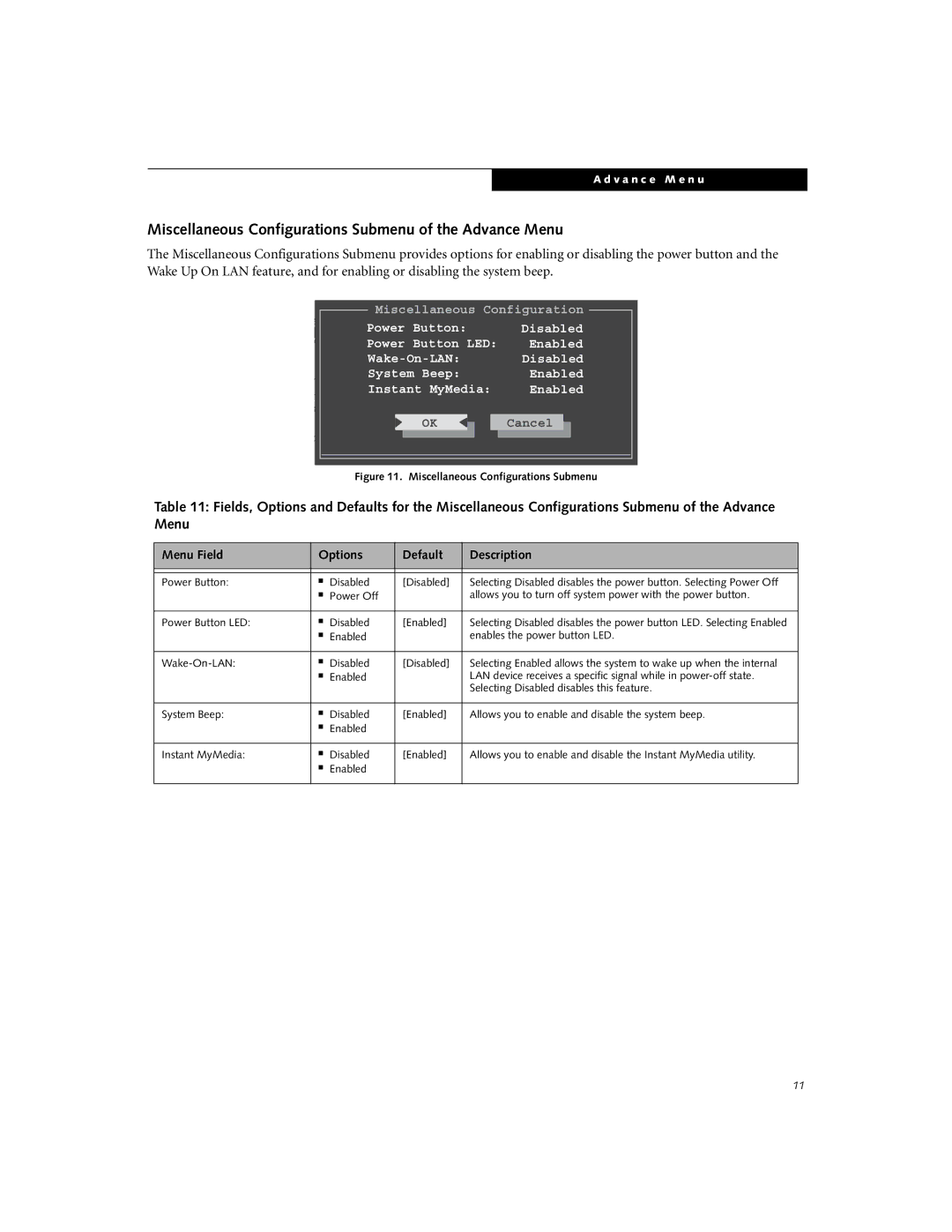 Fujitsu Siemens Computers N6210 manual Miscellaneous Configurations Submenu of the Advance Menu 