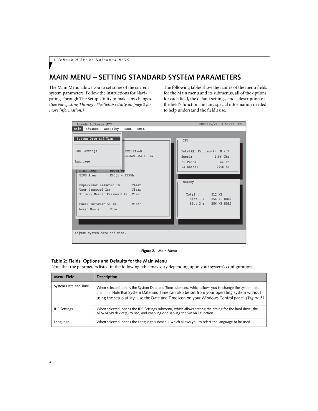 Fujitsu Siemens Computers N6210 Main Menu Setting Standard System Parameters, Menu Field Description, System Date and Time 