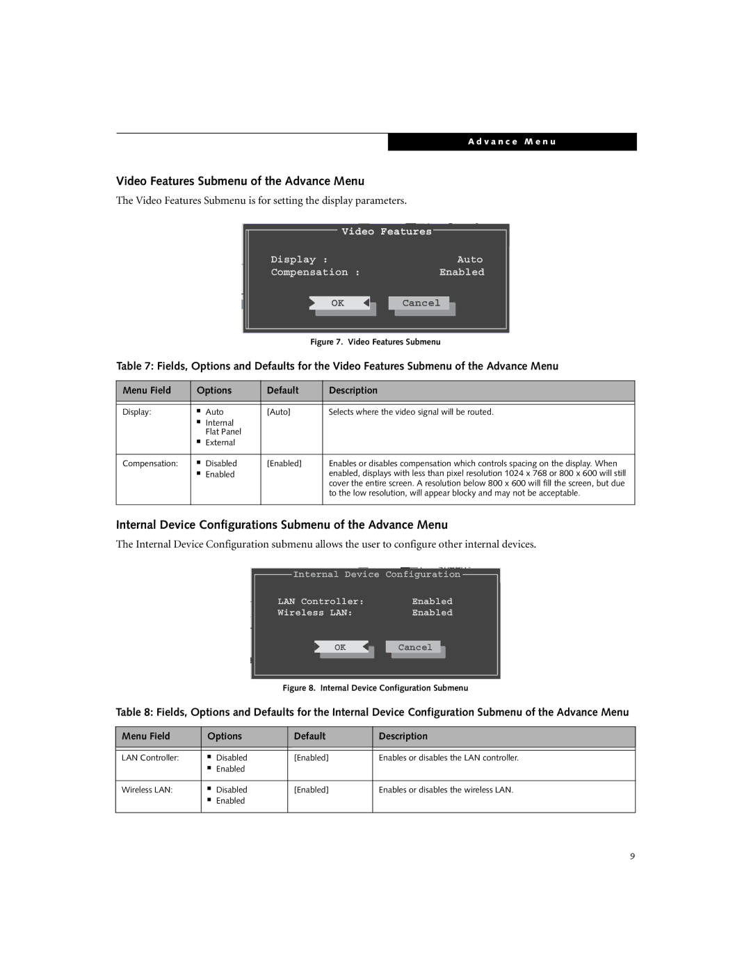 Fujitsu Siemens Computers N6210 manual Video Features Submenu of the Advance Menu, L1 Cache, Configurations L2 Cache 