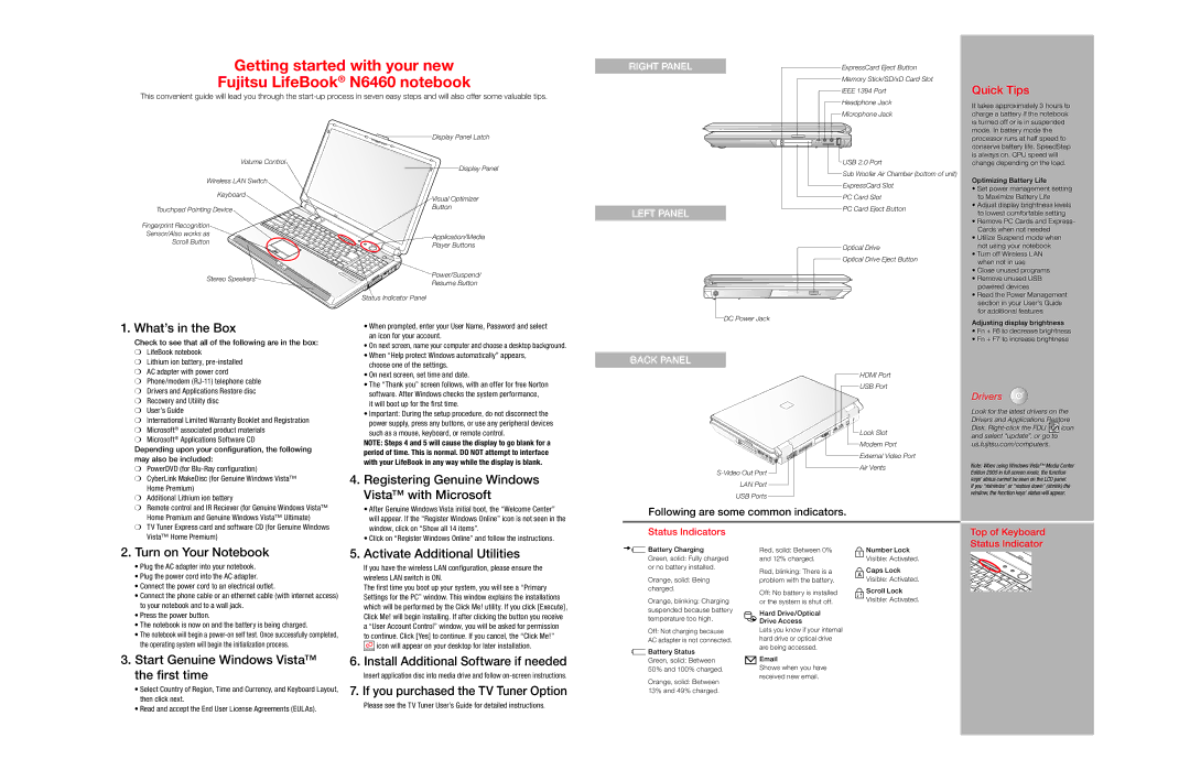 Fujitsu Siemens Computers N6460 warranty What’s in the Box, Registering Genuine Windows, Vista with Microsoft 